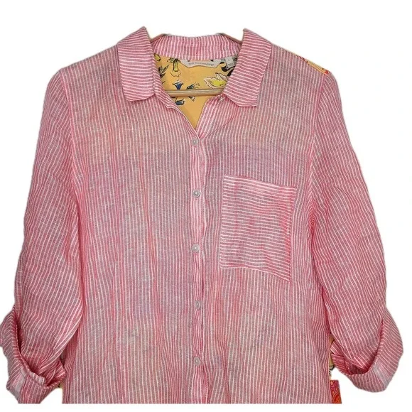 Soft Surroundings Island Linen Button Down Roll-Tab Sleeve Tunic Top L Floral - Picture 3 of 7